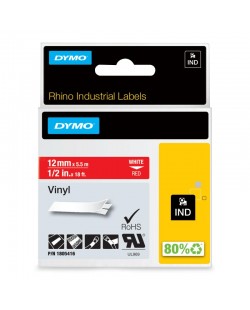 DYMO Rhino étiquettes industrielles autocollantes en vinyle | 12 mm x 5,5 m | impression en blanc sur fond rouge