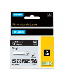 DYMO Rhino étiquettes industrielles autocollantes en vinyle | 12 mm x 5,5 m | impression en blanc sur fond noir