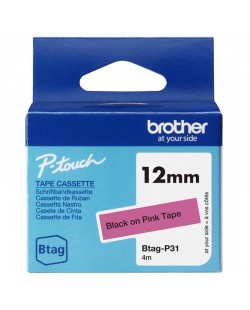 Brother BTAG-P31 – Ruban adhésif noir sur rose, 12 mm de large, non laminé