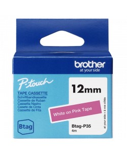 Brother BTAG-P35 – Ruban adhésif Brotherblanc sur rose, 12 mm de large, non laminé