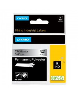 DYMO Rhino Étiquettes Industrielles | polyester permanent | 19 mm x 5,5 m | autocollantes impression en Noir sur fond métalliq